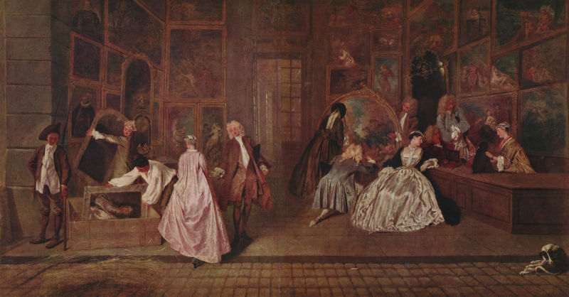 Ensign Gersaint illustra l'importanza delle arti circolazione in Europa durante l'Illuminismo, Antoine Watteau lavoro